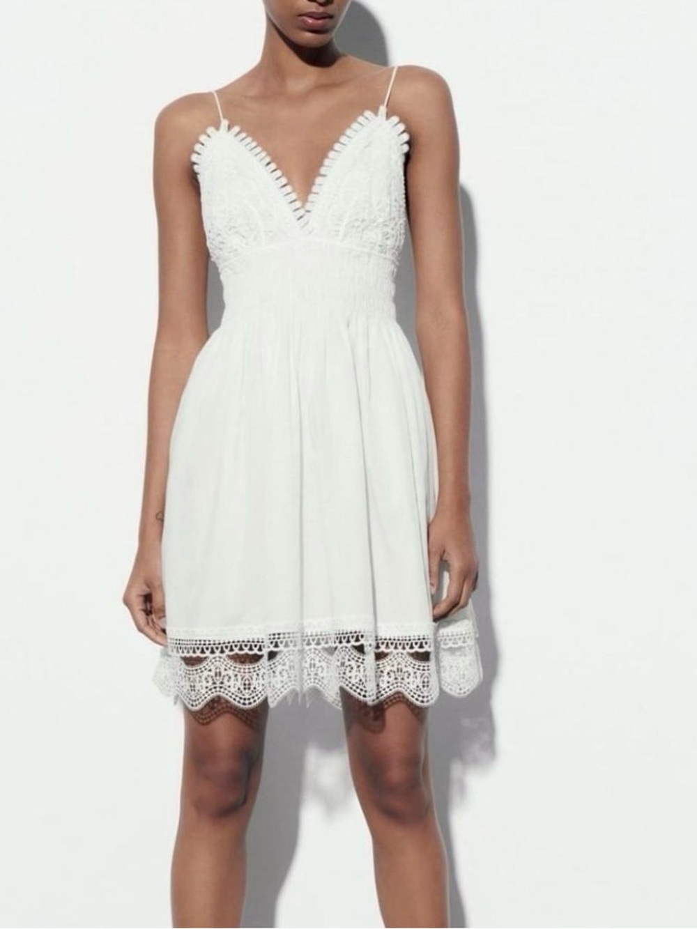 Zara Womens XS White Lace Crochet Strappy V Neck Blackless Smoked Cotton Dress